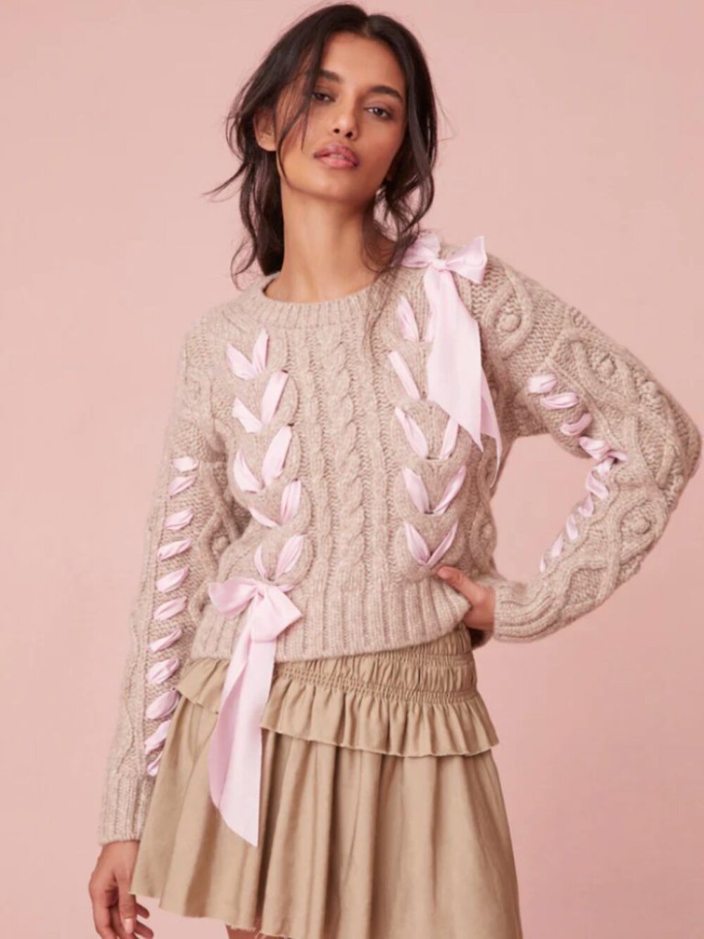 Loveshackfancy Parson Pullover bow lace up sweater in Oat